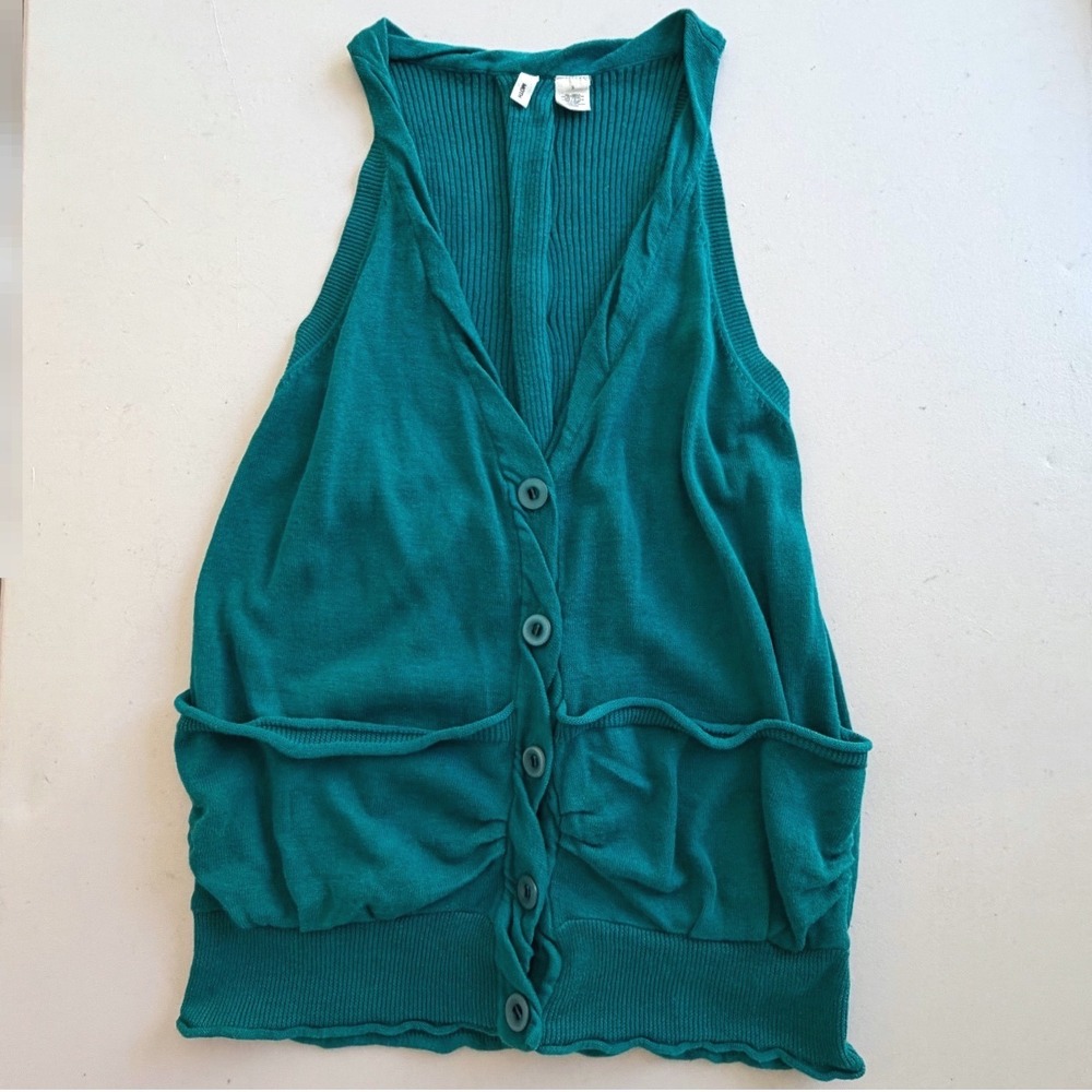 Moth Anthropologie Teal Green Linen Cotton Knit Button Front Sweater Vest Small